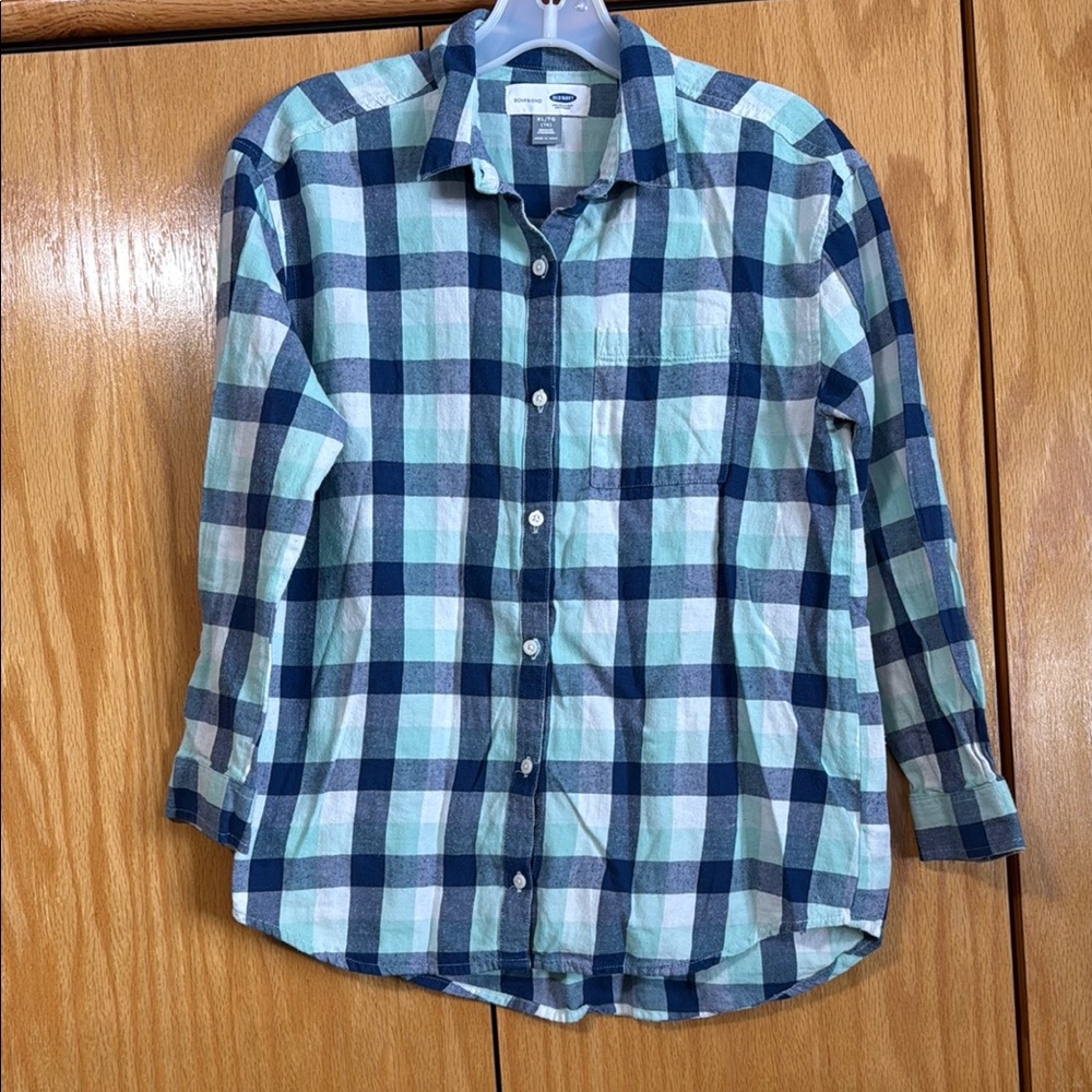 Old Navy Navy, White and Mint Green Plaid Button Down Shirt